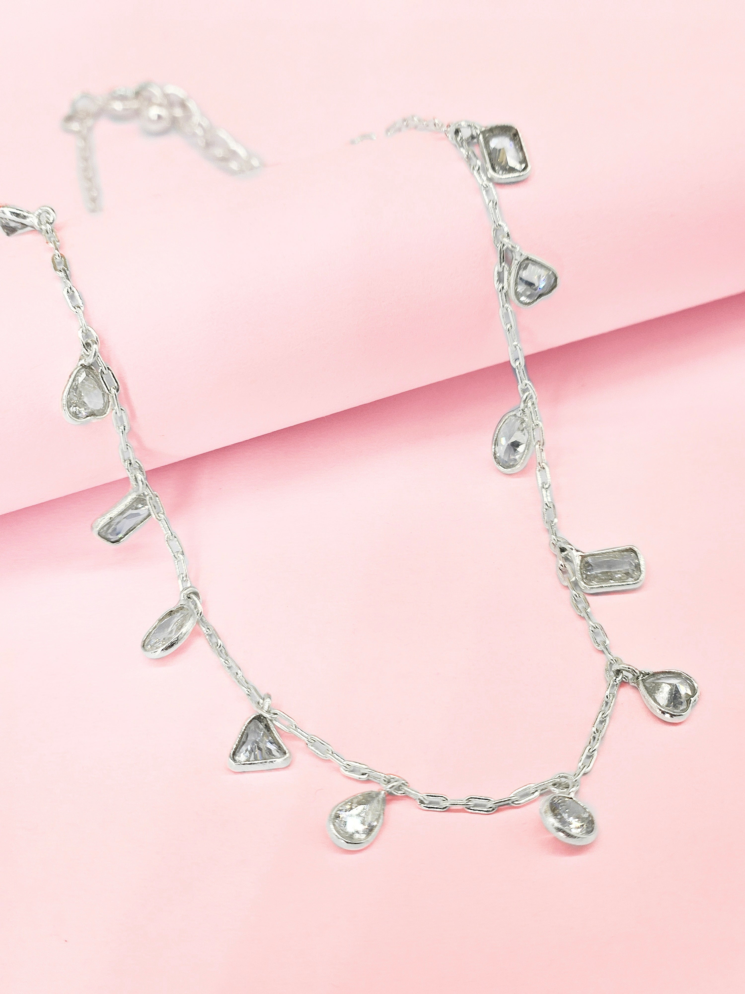 925 Sterling Silver Multi-Motif Charm Anklet for Women | Heart, Teardrop, Rectangle, Triangle & Round Dangle Anklet | Elegant Everyday Silver Payal