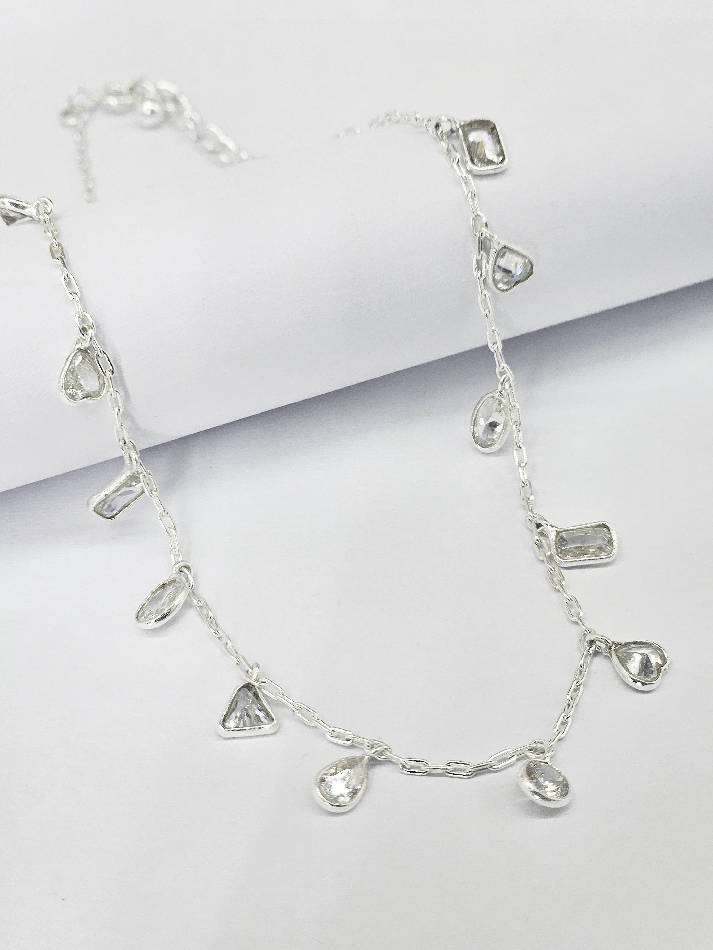 925 Sterling Silver Multi-Motif Charm Anklet for Women | Heart, Teardrop, Rectangle, Triangle & Round Dangle Anklet | Elegant Everyday Silver Payal