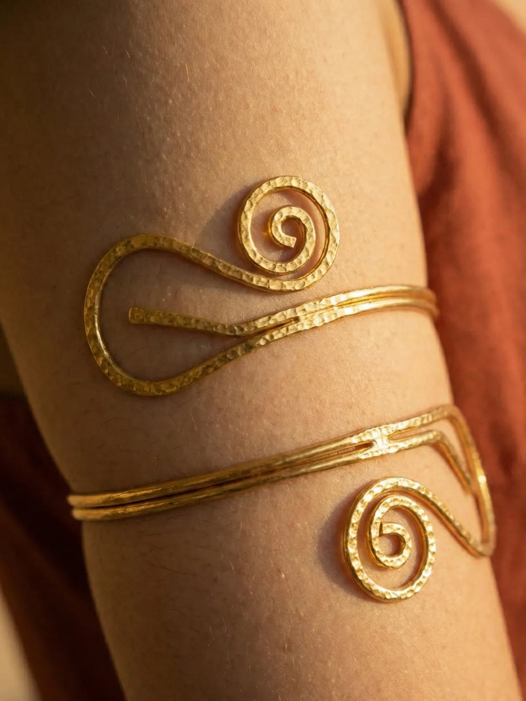 Textured Gold Spiral Arm Cuff Set for Women | Adjustable Upper Arm Bangles | Contemporary Statement Armlet Jewelry
