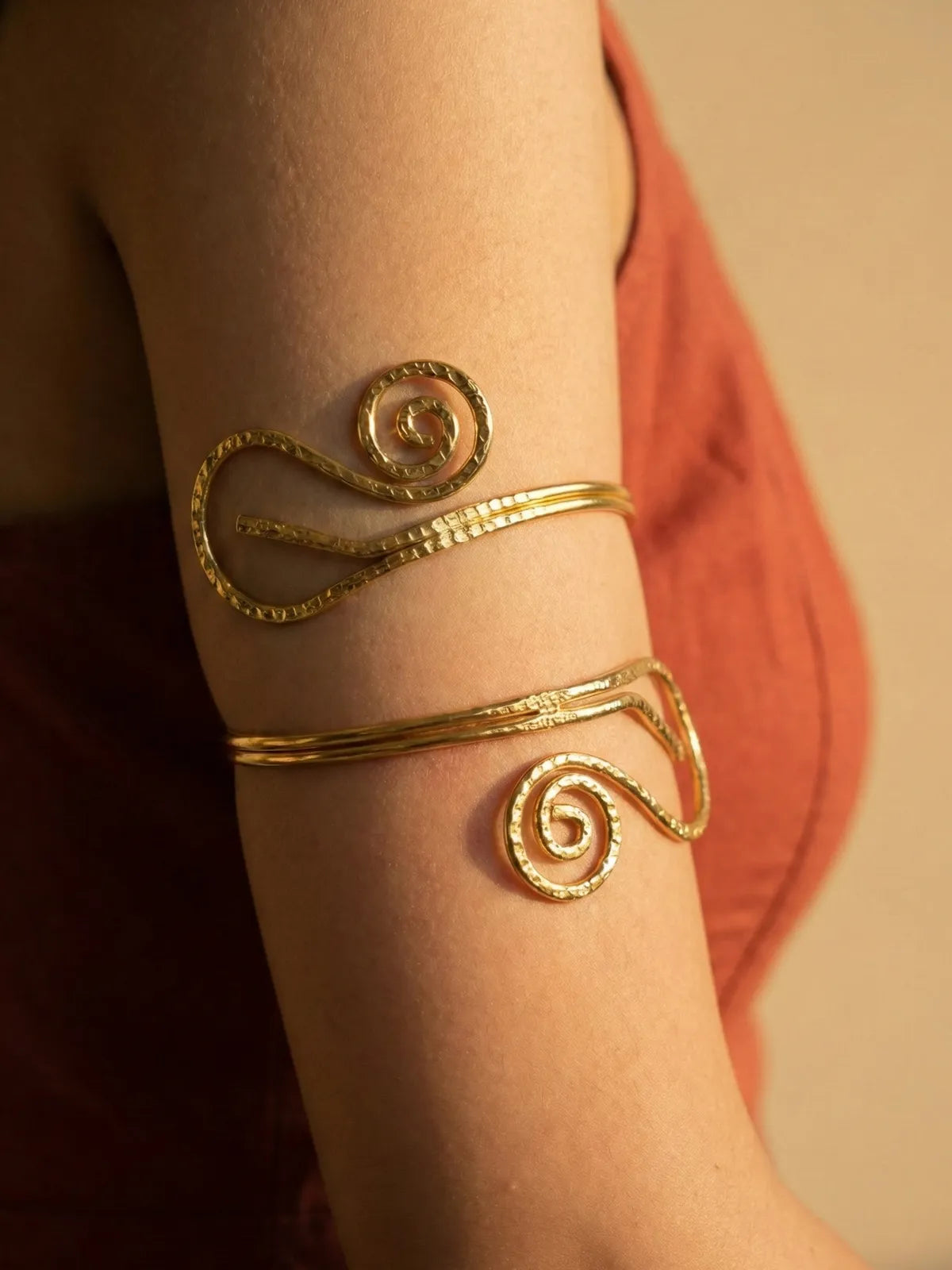 Textured Gold Spiral Arm Cuff Set for Women | Adjustable Upper Arm Bangles | Contemporary Statement Armlet Jewelry