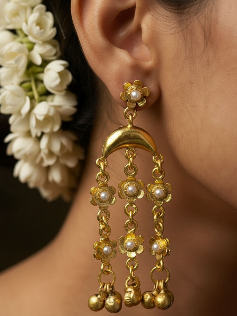 Traditional Gold-Plated Floral Jhumka Earrings with Pearls for Women | Ethnic Bridal Statement Jewelry