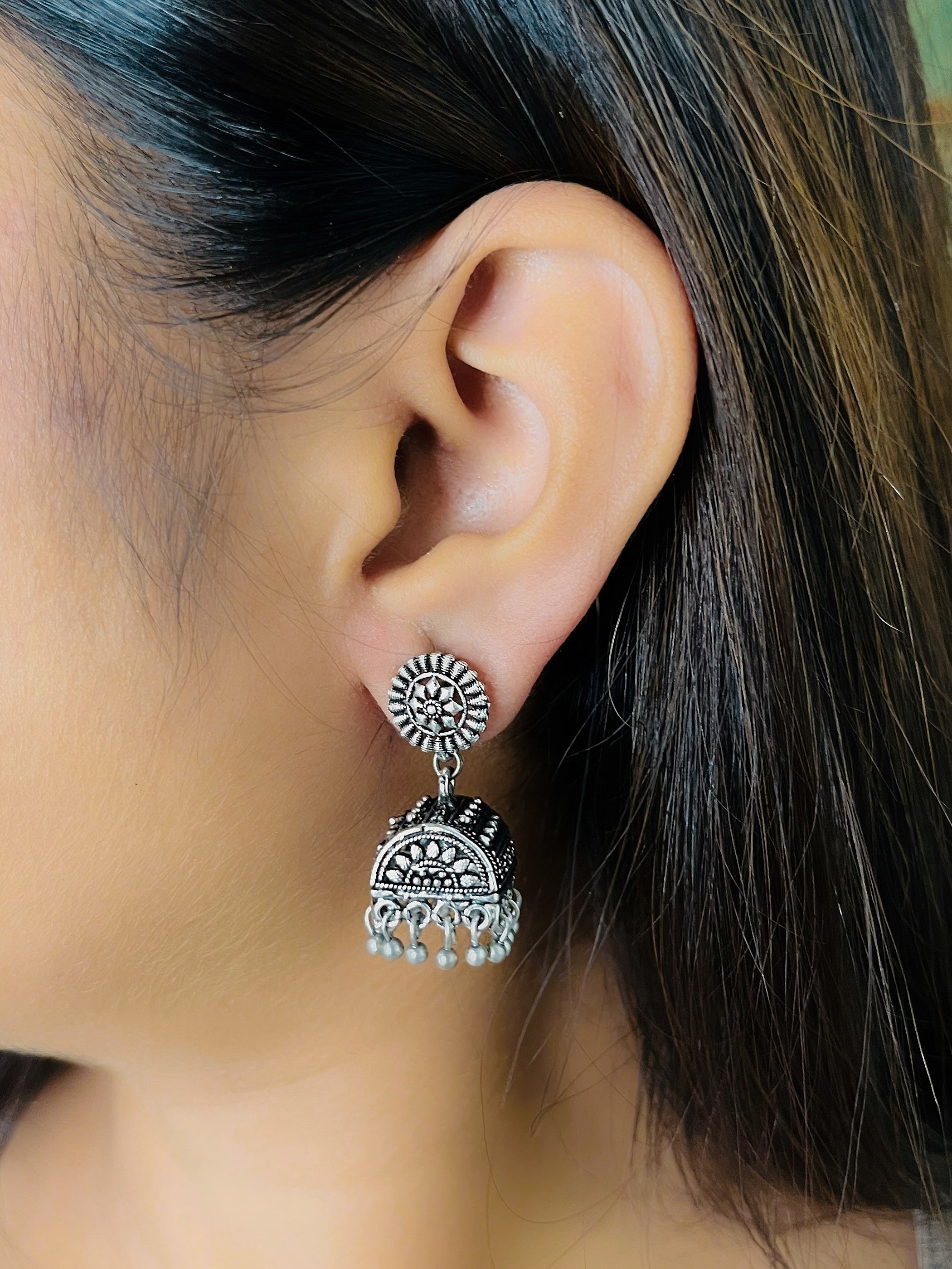 Vintage German Silver Jhumki Earrings for Women | Oxidised Silver Traditional Drop Earrings | Ethnic Boho Jhumka