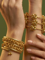 Summer Gold Ghungroo Bangle Stack Set (4 Bangles + Spiral Bracelet) | 18K Gold-Plated Traditional Boho Jewelry