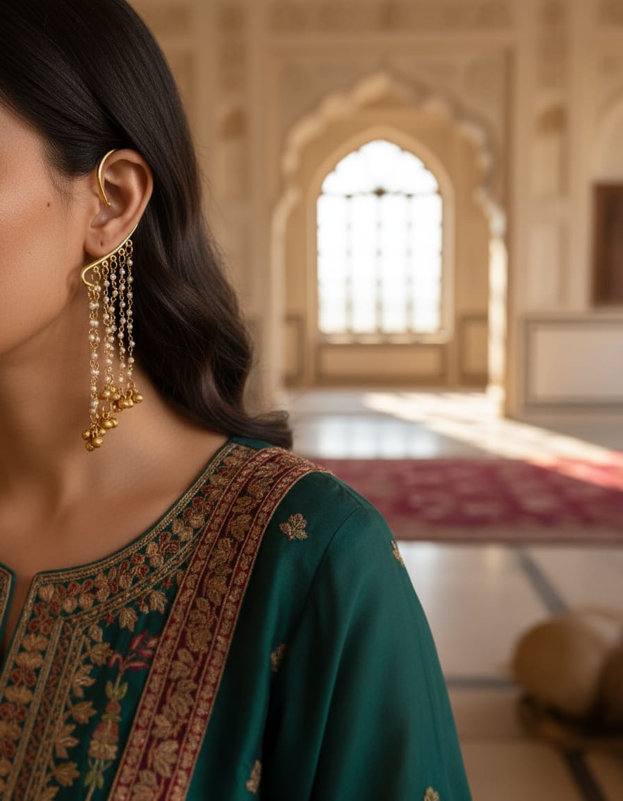 Traditional Gold Ghungroo Ear Cuff | Pearl Chain Ear Wrap for Women