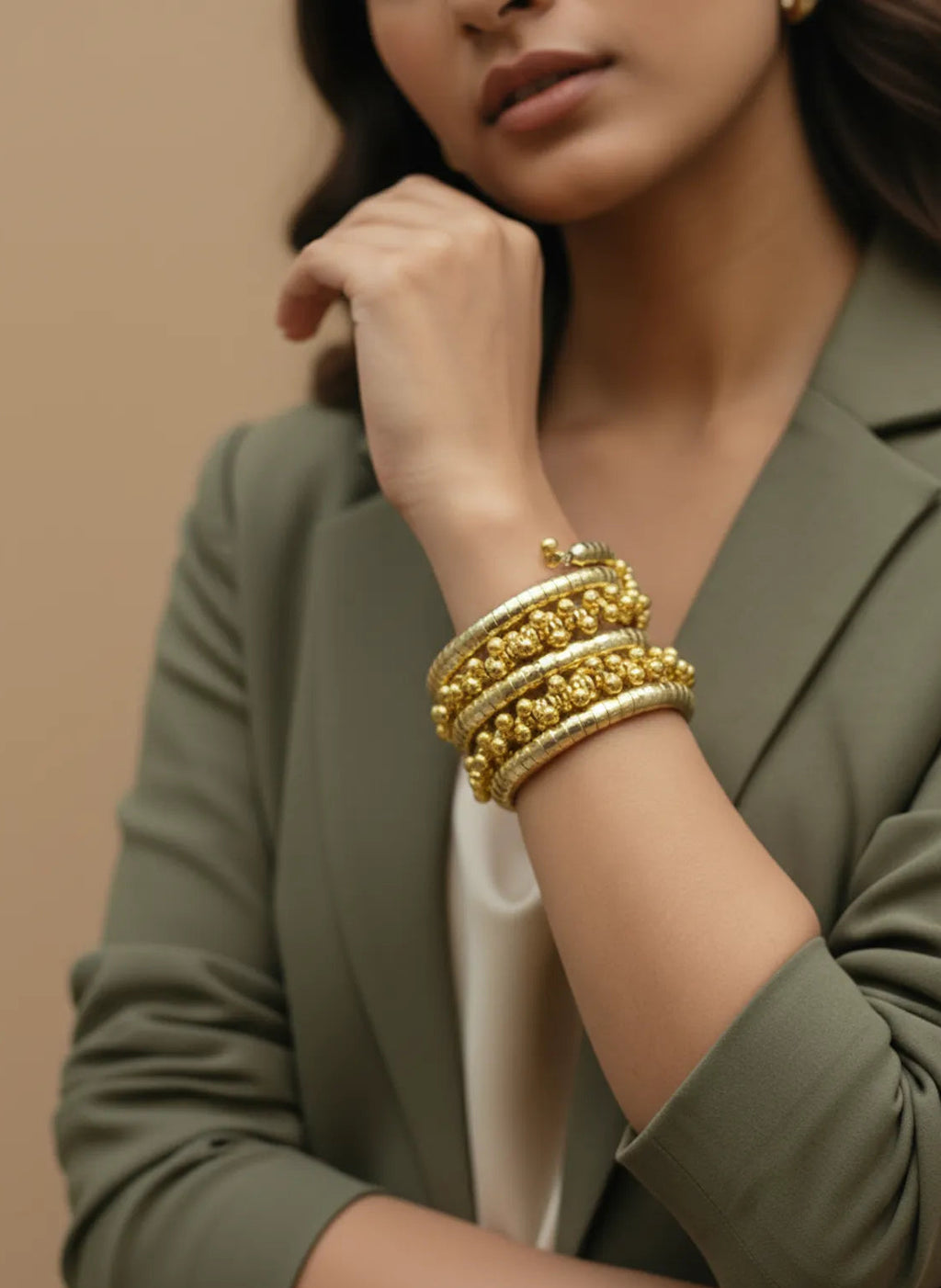 Gold Beaded Spiral Bracelet for Women – Adjustable Free Size Traditional Jewelry