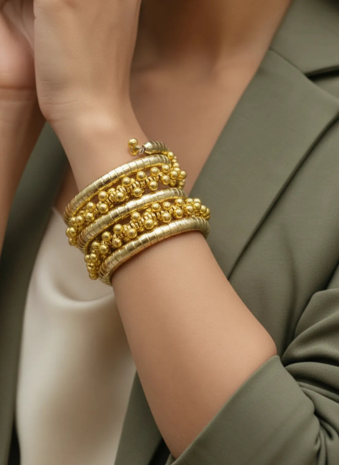 Gold Beaded Spiral Bracelet for Women – Adjustable Free Size Traditional Jewelry