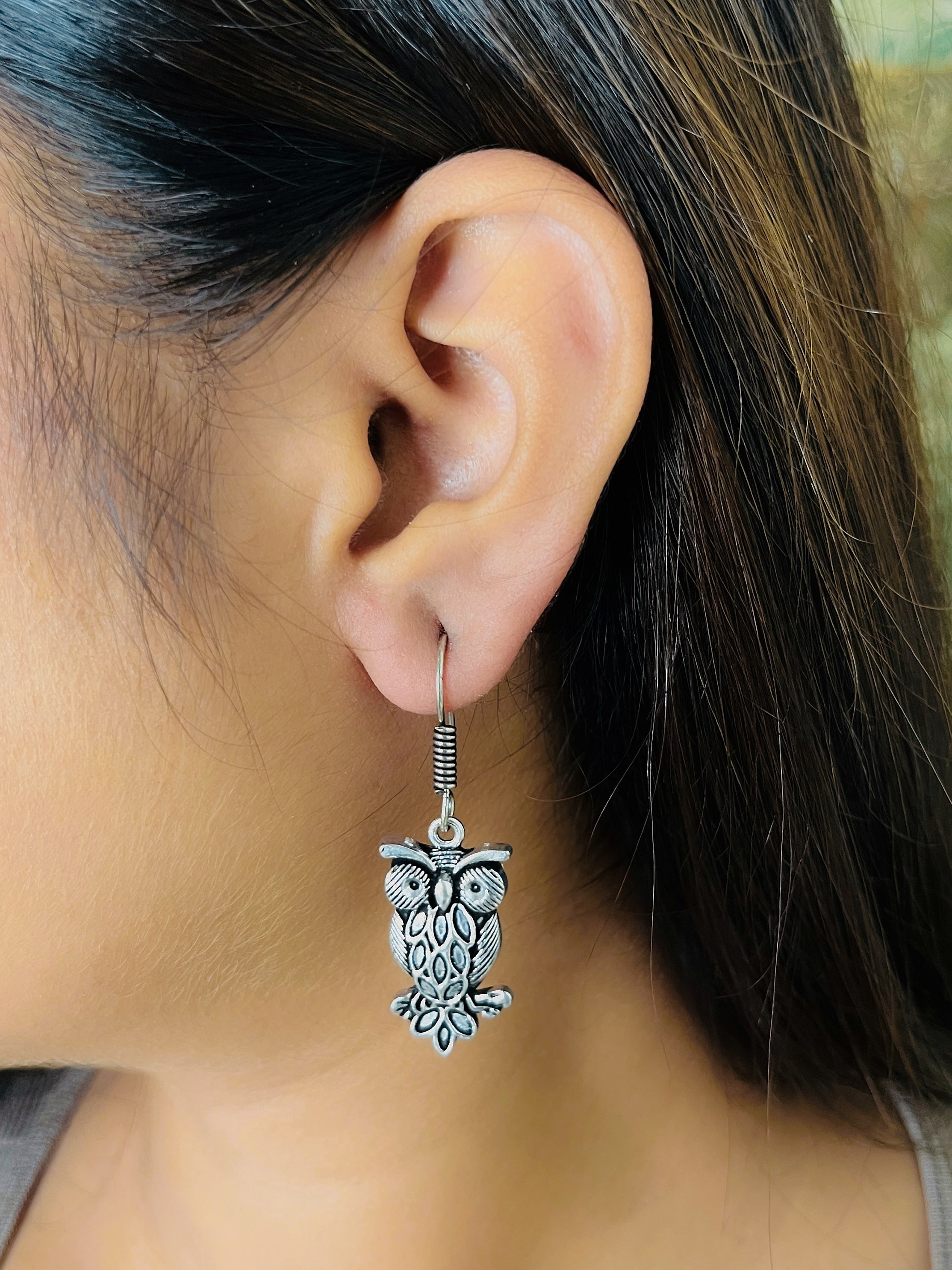 German Silver Owl Earrings for Women | Oxidised Silver Animal Design Drop Earrings | Boho Ethnic Statement Jewellery