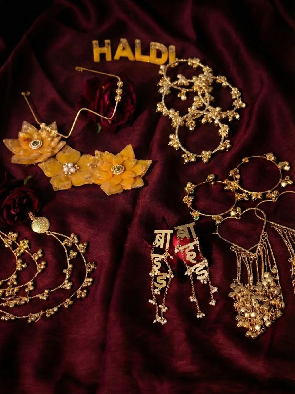 Haldi Bridal Jewellery Combo Set – Bride Earrings, Heart Kaleere, Ghunghroo Bangles, Kanchain & Facelet
