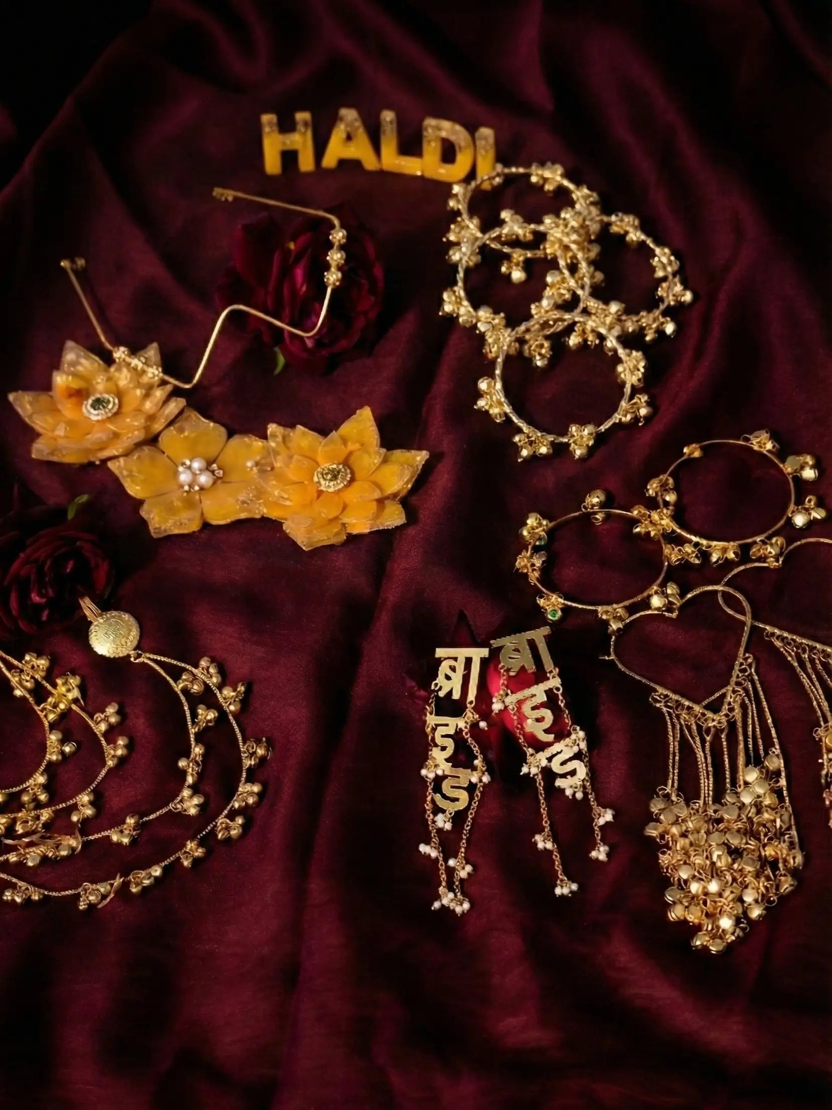 Haldi Bridal Jewellery Combo Set – Bride Earrings, Heart Kaleere, Ghunghroo Bangles, Kanchain & Facelet