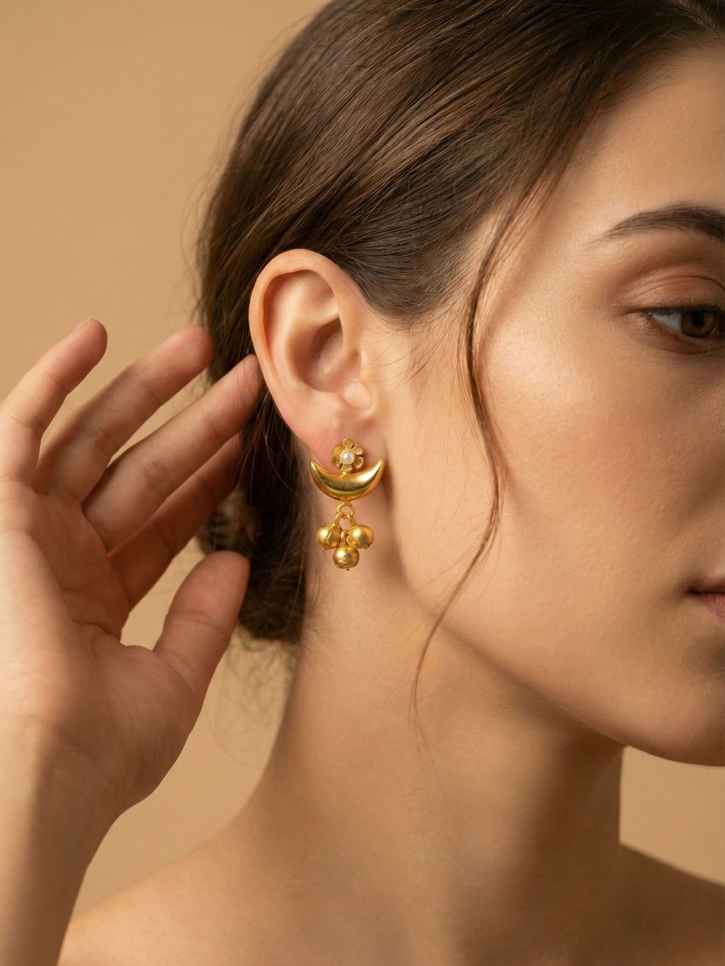 Gold Moon Jhumka Studs for Women | Floral Pearled Stud Earrings with Ghungroo
