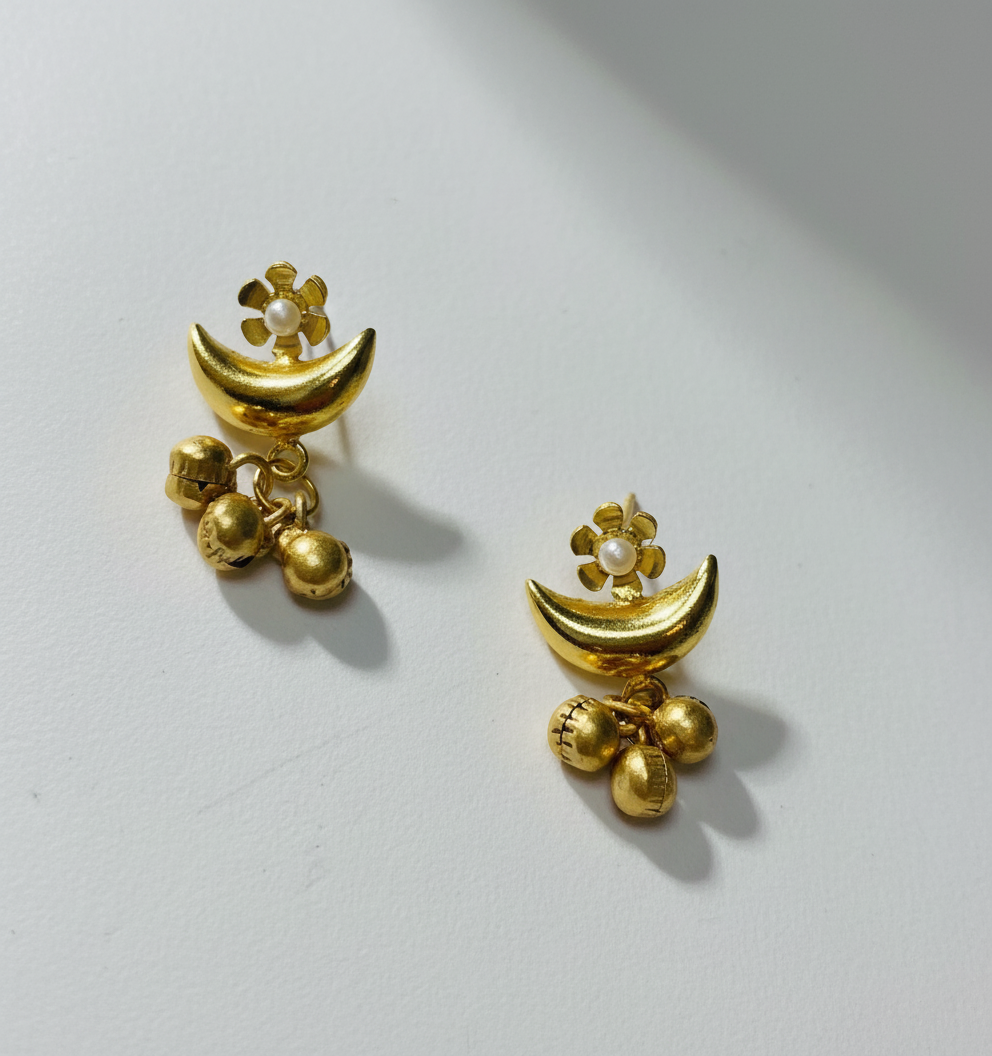 Gold Moon Jhumka Studs for Women | Floral Pearled Stud Earrings with Ghungroo