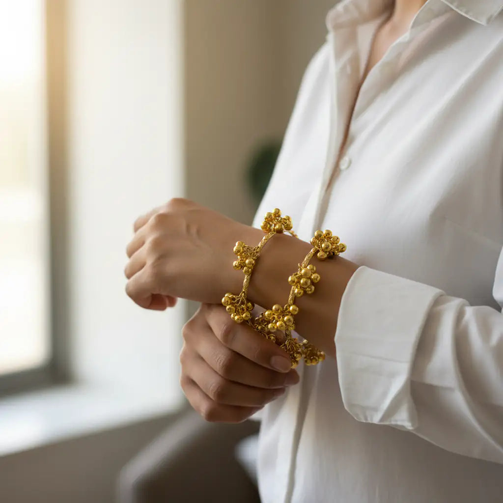 Adjustable Kashmiri Gold Bangles for Women – Handcrafted Beaded Traditional Jewelry