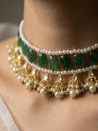 Emerald Green Stone & Pearl Kundan Choker