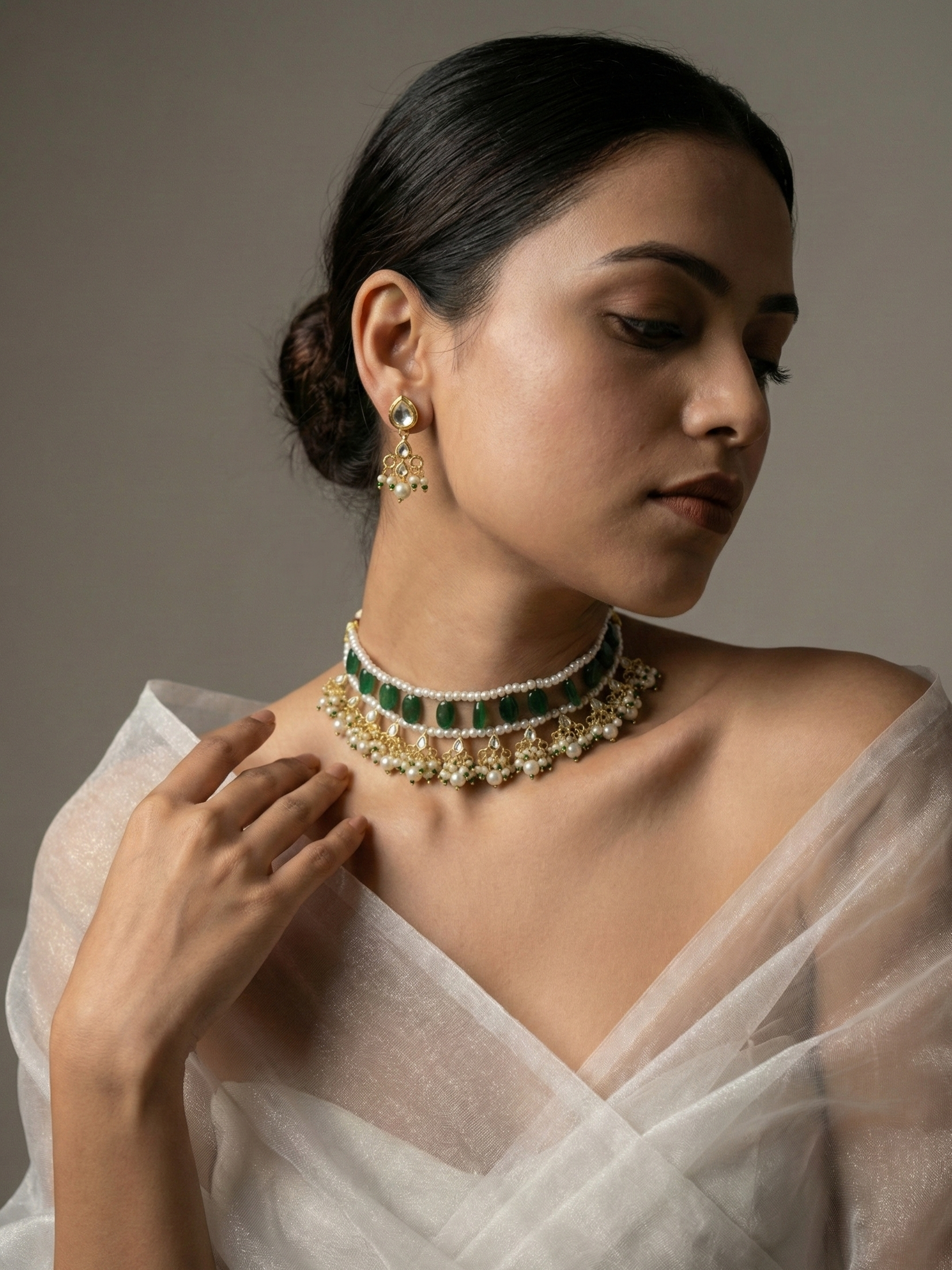 Emerald Green Stone & Pearl Kundan Choker