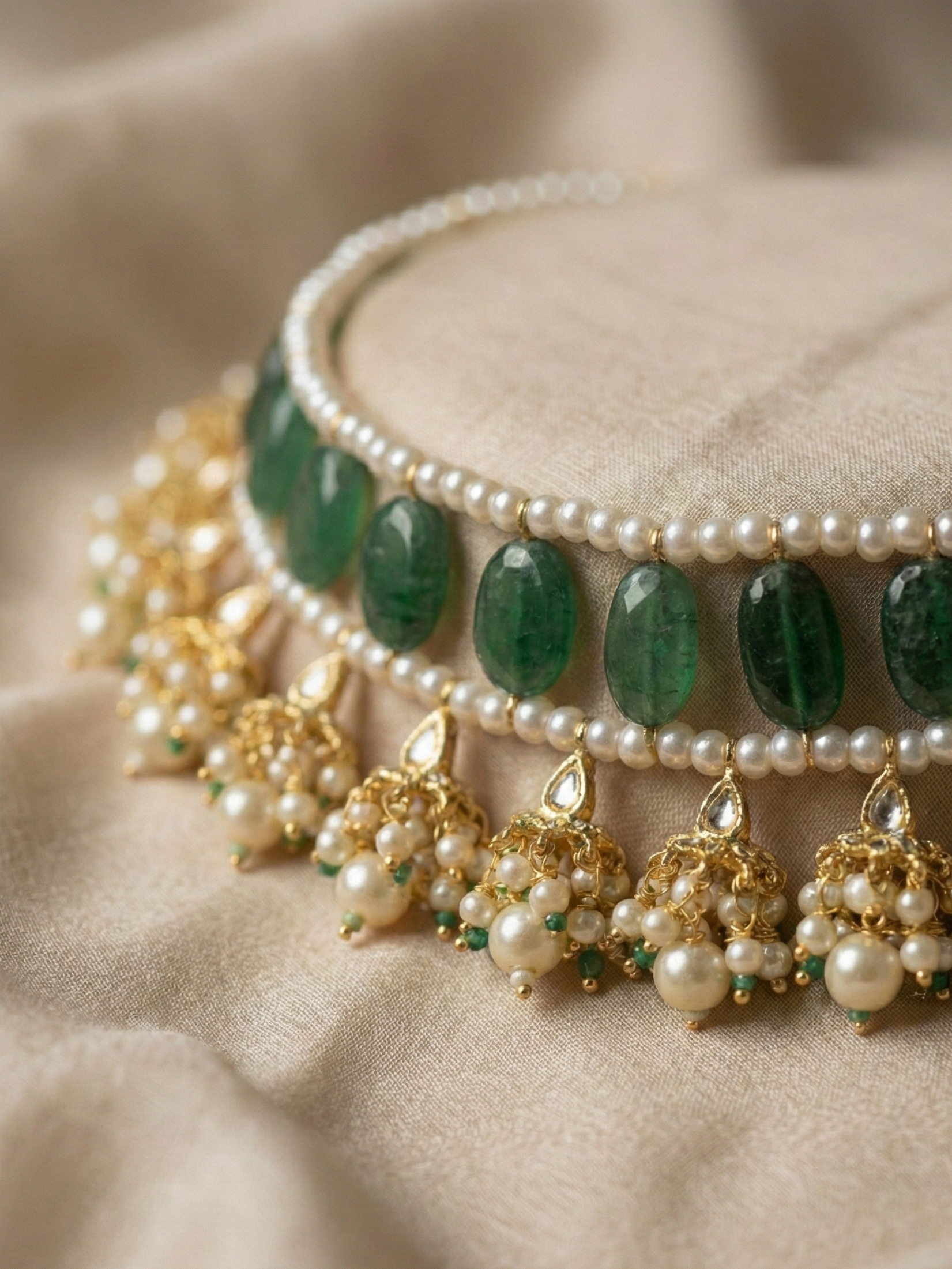Emerald Green Stone & Pearl Kundan Choker